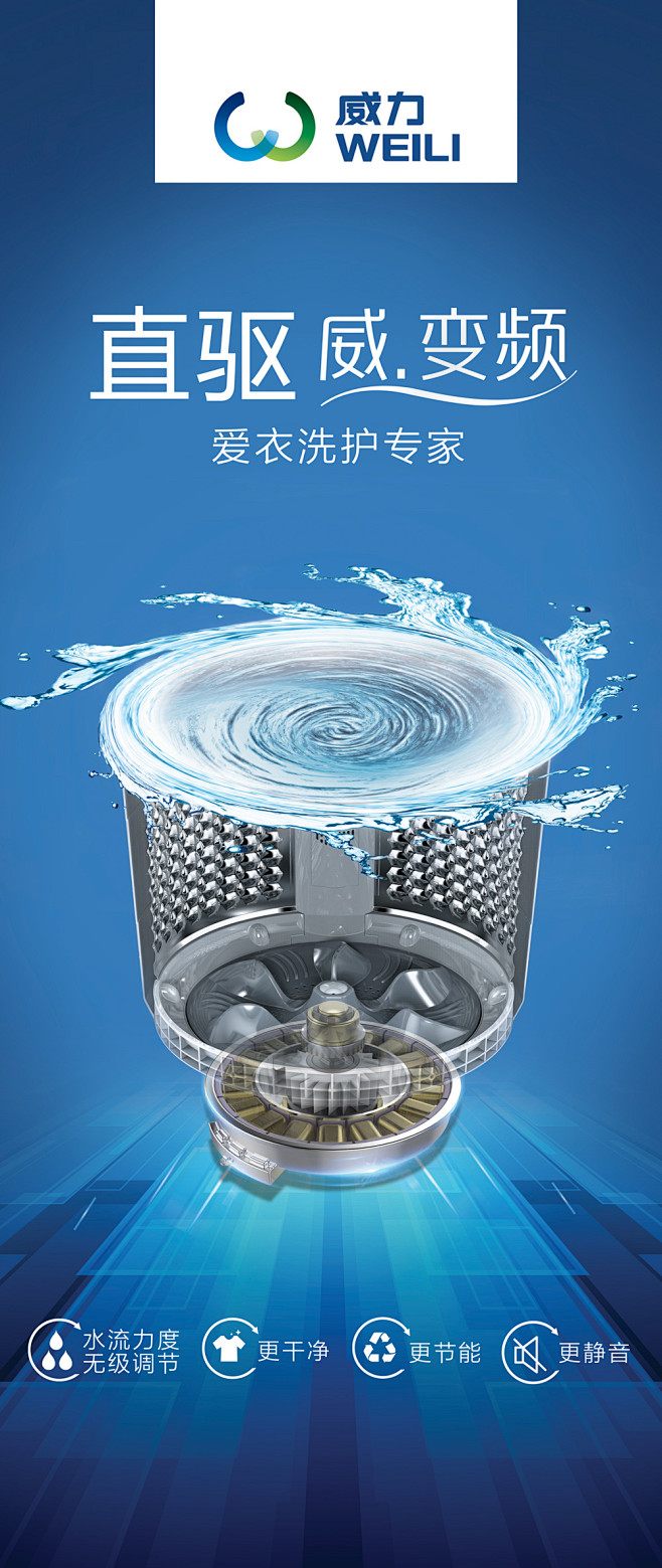 全芯动力 洁净无界——威力洗衣机直驱变频波轮洗衣机包柱海报设计